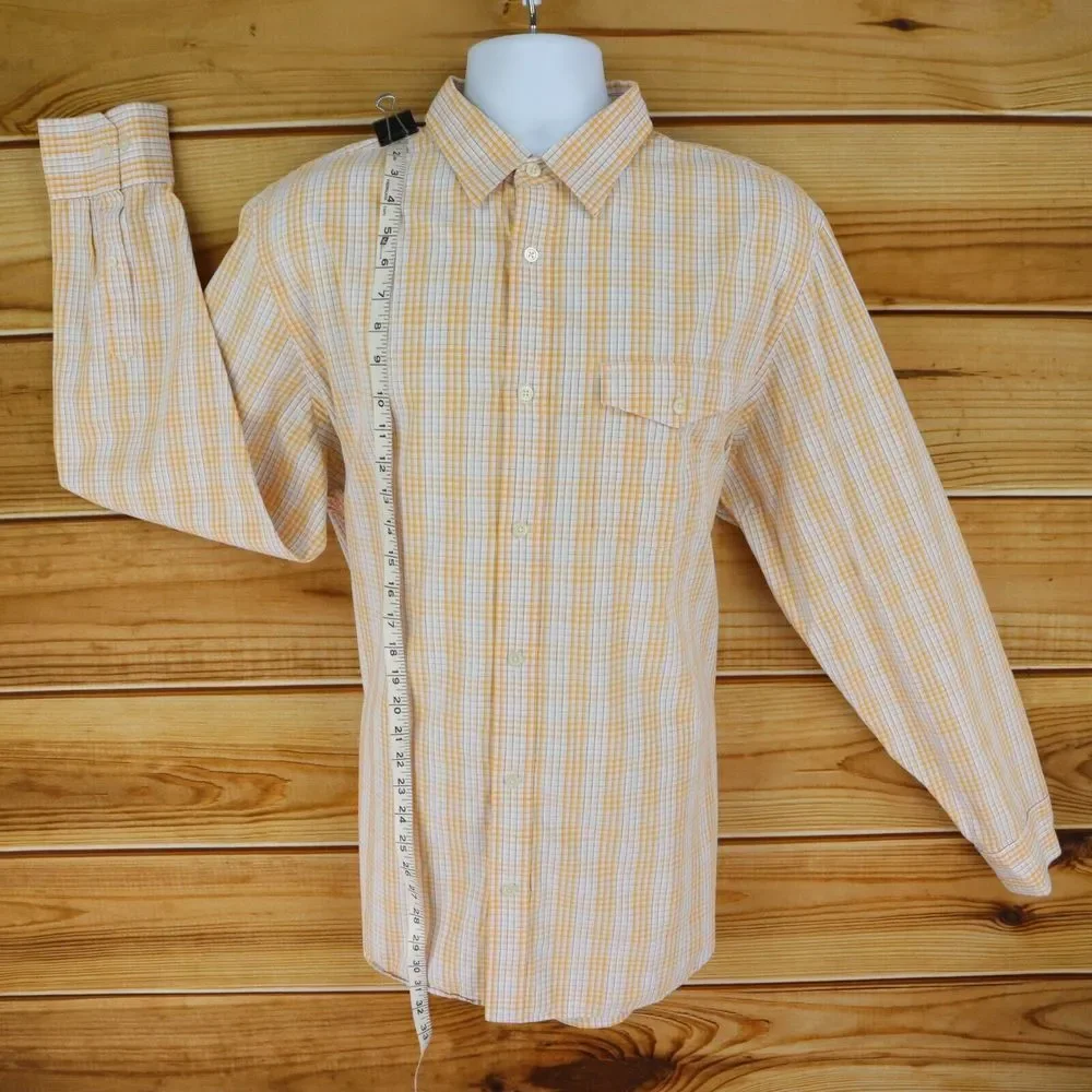 Banana Republic Dress Shirt Mens XL Orange Light Wash Plaid 100% Cotton‎ Pocket